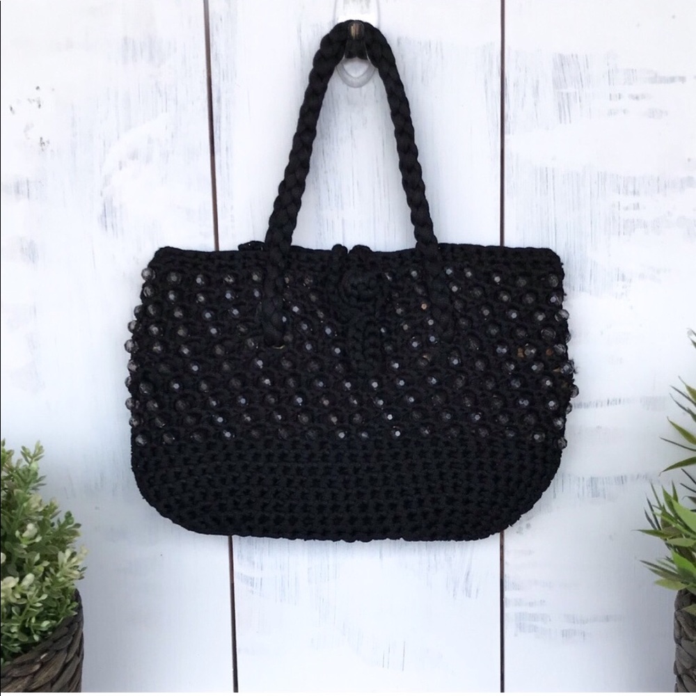 Vintage black wood beaded woven bag made in Italy